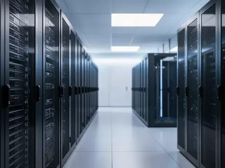 Moderne Server-Racks in einem professionellen Rechenzentrum mit bläulicher Beleuchtung. - Foto: über boerse-global.de