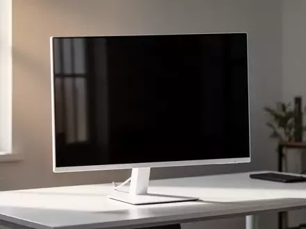 Ein moderner weißer Gaming-Monitor mit ausgeschaltetem Bildschirm steht auf einem minimalistischen Schreibtisch. - Foto: über boerse-global.de