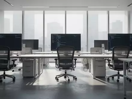 Leeres, modernes Büro mit dunklen Computerbildschirmen und natürlichem Lichteinfall. - Foto: über boerse-global.de