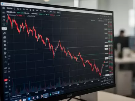 Ein fallender Aktienkursverlauf auf einem Monitor in einem professionellen Handelsbüro. - Foto: über boerse-global.de
