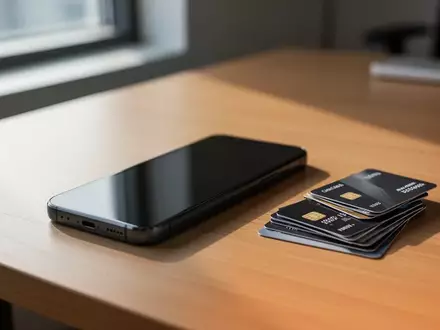 Ein modernes Smartphone liegt neben Kreditkarten auf einem Holztisch in einer hellen Büroumgebung. - Foto: über boerse-global.de
