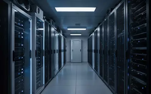 Reihen von Server-Racks in einem modernen, dunkel gehaltenen Rechenzentrum mit blauer Beleuchtung. - Foto: über boerse-global.de