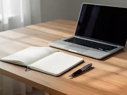 Ein minimalistischer Schreibtisch mit einem offenen Notizbuch, einem Füller und einem Laptop mit ausgeschaltetem Bildschirm. - Foto: über boerse-global.de