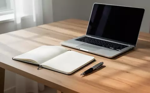 Ein minimalistischer Schreibtisch mit einem offenen Notizbuch, einem Füller und einem Laptop mit ausgeschaltetem Bildschirm. - Foto: über boerse-global.de