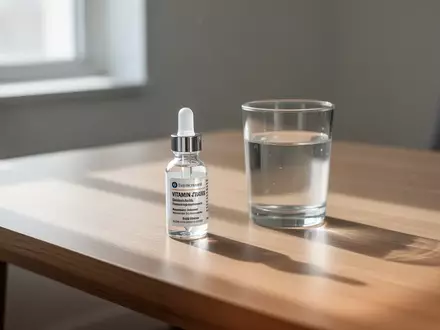 Ein kleines Glasfläschchen mit Vitamin-Präparaten und ein Glas Wasser auf einem sonnendurchfluteten Holztisch. - Foto: über boerse-global.de