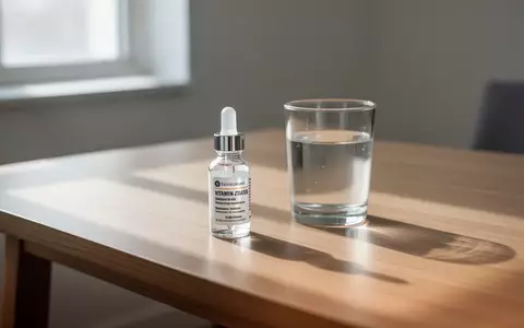 Ein kleines Glasfläschchen mit Vitamin-Präparaten und ein Glas Wasser auf einem sonnendurchfluteten Holztisch. - Foto: über boerse-global.de