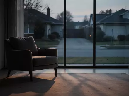 Ein minimalistisch eingerichtetes Wohnzimmer mit einem Sessel vor einem Fenster in der Abenddämmerung, das Ruhe und Rückzug ausstrahlt. - Foto: über boerse-global.de