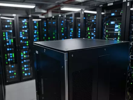 Ein moderner Serverraum mit leuchtenden Statusanzeigen an den Serverschränken in einer industriellen Umgebung. - Foto: über boerse-global.de