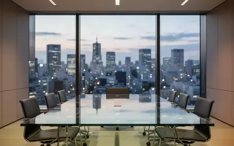 Ein minimalistischer Konferenzraum in einem modernen Tokioter Büro mit Blick auf die Skyline bei Dämmerung. - Foto: über boerse-global.de