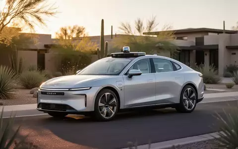 Ein modernes, autonom fahrendes Robotaxi steht an einer sonnigen Straße in einem Vorort bei goldenem Licht. - Foto: über boerse-global.de