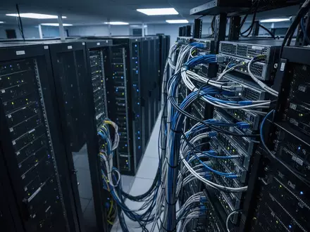 Dunkler Serverraum mit blauen Lichtakzenten und Server-Racks als Symbol für die IT-Sicherheit. - Foto: über boerse-global.de