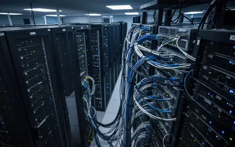 Dunkler Serverraum mit blauen Lichtakzenten und Server-Racks als Symbol für die IT-Sicherheit. - Foto: über boerse-global.de