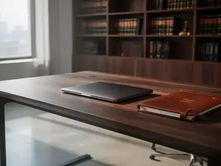 Ein minimalistischer, moderner Arbeitsplatz in einer Anwaltskanzlei mit einer Ledermappe auf einem dunklen Holztisch. - Foto: über boerse-global.de