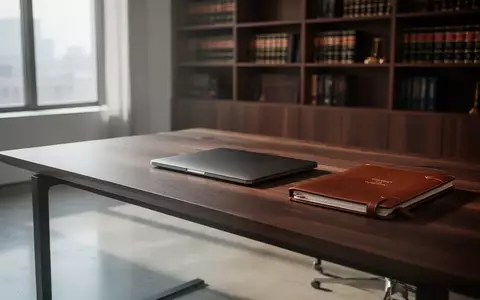 Ein minimalistischer, moderner Arbeitsplatz in einer Anwaltskanzlei mit einer Ledermappe auf einem dunklen Holztisch. - Foto: über boerse-global.de