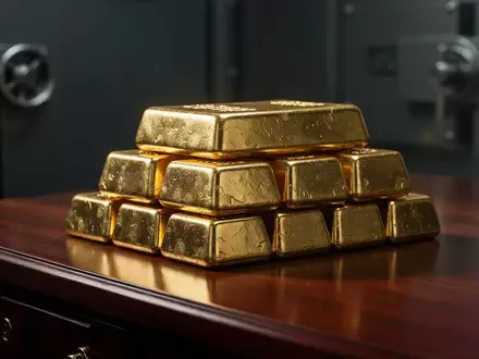 Goldbarren auf einer dunklen Holzoberfläche in einem Tresorraum. - Foto: über boerse-global.de