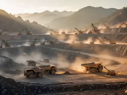 Große Goldmine im Tagebau mit schweren Maschinen in einer bergigen Landschaft bei Sonnenuntergang. - Foto: über boerse-global.de