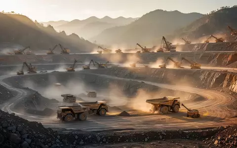Große Goldmine im Tagebau mit schweren Maschinen in einer bergigen Landschaft bei Sonnenuntergang. - Foto: über boerse-global.de