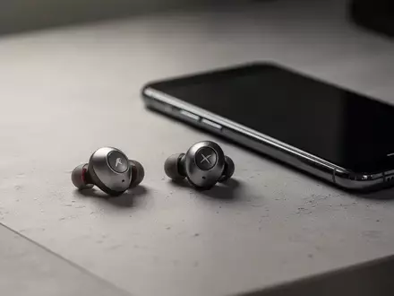 Hochwertige kabellose Ohrhörer liegen neben einem modernen Smartphone auf einem minimalistischen Schreibtisch. - Foto: über boerse-global.de