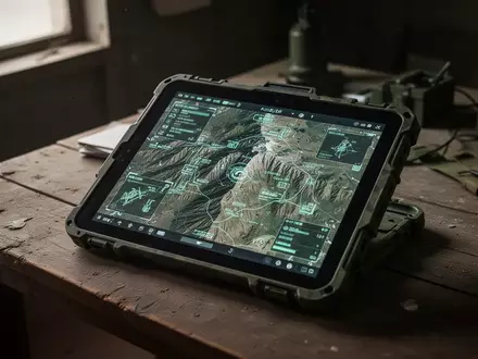 Ein robustes militärisches Tablet mit taktischer Landkarte auf einem Holztisch in einem Feldbüro. - Foto: über boerse-global.de