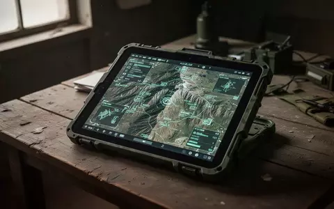 Ein robustes militärisches Tablet mit taktischer Landkarte auf einem Holztisch in einem Feldbüro. - Foto: über boerse-global.de