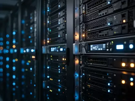 Dunkler Serverraum mit leuchtenden Status-LEDs an Hardware-Racks als Symbol für Datensicherheit und Cyberangriffe. - Foto: über boerse-global.de