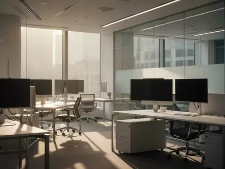 Ein moderner, leerer Büroarbeitsplatz in einer Bank mit ausgeschalteten Bildschirmen in einer ruhigen, professionellen Umgebung. - Foto: über boerse-global.de