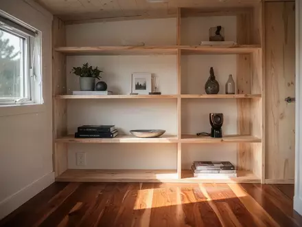 Minimalistisch gestalteter Innenraum eines Tiny Houses mit geordneten Regalen und natürlichem Lichteinfall. - Foto: über boerse-global.de