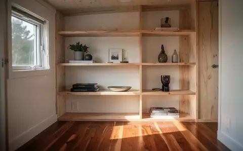 Minimalistisch gestalteter Innenraum eines Tiny Houses mit geordneten Regalen und natürlichem Lichteinfall. - Foto: über boerse-global.de