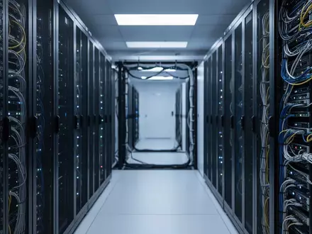 Moderne Server-Infrastruktur in einem Rechenzentrum mit blau beleuchteten Serverschränken. - Foto: über boerse-global.de