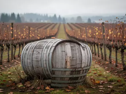 Ein hölzernes Weinfass in einem Weinberg im Willamette Valley an einem bewölkten Herbsttag. - Foto: über boerse-global.de