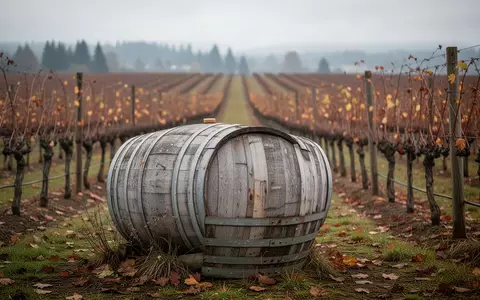 Ein hölzernes Weinfass in einem Weinberg im Willamette Valley an einem bewölkten Herbsttag. - Foto: über boerse-global.de