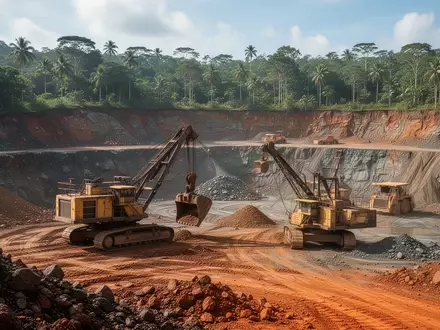 Goldminenbetrieb mit schwerem Gerät in einer tropischen Landschaft bei Tageslicht. - Foto: über boerse-global.de