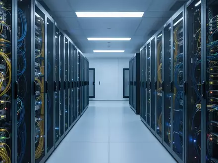Moderne Serverräume in einem Schweizer Rechenzentrum mit blauer Beleuchtung zur Symbolisierung technischer Schutzmaßnahmen. - Foto: über boerse-global.de