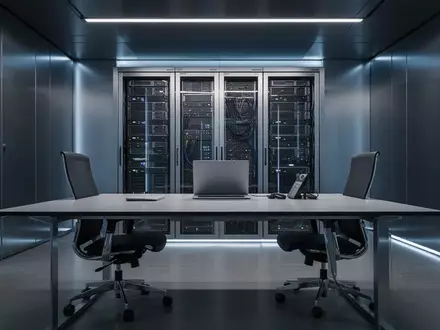 Ein moderner, minimalistischer Büroarbeitsplatz mit Server-Infrastruktur im Hintergrund in gedimmtem, blauem Licht. - Foto: über boerse-global.de