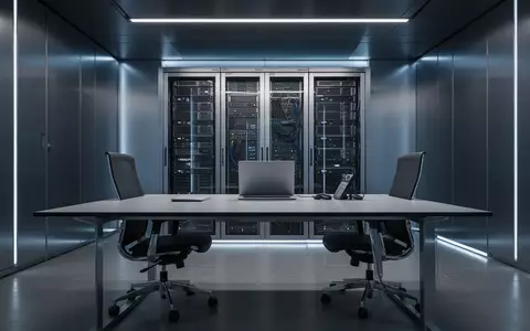 Ein moderner, minimalistischer Büroarbeitsplatz mit Server-Infrastruktur im Hintergrund in gedimmtem, blauem Licht. - Foto: über boerse-global.de