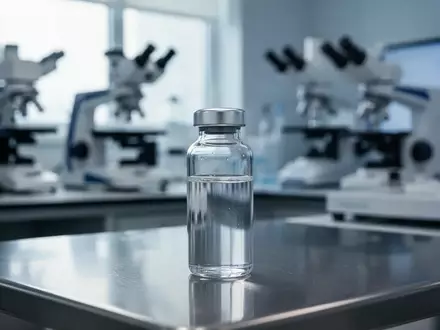 Ein steriles medizinisches Glasfläschchen auf einem Edelstahltisch in einem Labor, beleuchtet durch natürliches Licht. - Foto: über boerse-global.de