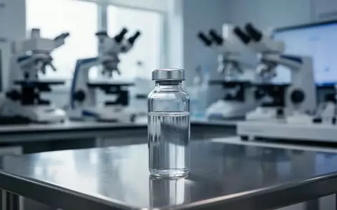 Ein steriles medizinisches Glasfläschchen auf einem Edelstahltisch in einem Labor, beleuchtet durch natürliches Licht. - Foto: über boerse-global.de