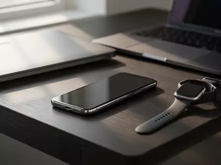 Ein minimalistischer Arbeitsplatz mit einem Smartphone, einer Smartwatch und einem Laptop auf einem dunklen Holztisch. - Foto: über boerse-global.de