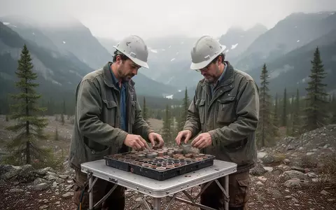 Geologe untersucht Gesteinsproben in einer abgelegenen kanadischen Berglandschaft. - Foto: über boerse-global.de