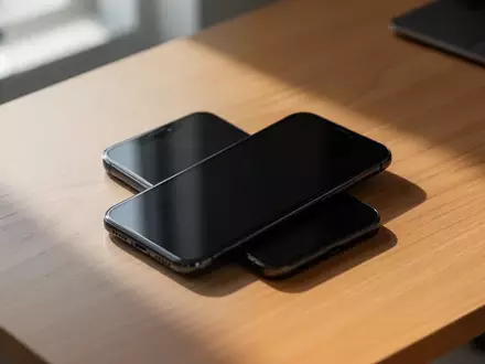 Ein modernes Smartphone mit ausgeschaltetem, schwarzem Display liegt auf einem hölzernen Schreibtisch. - Foto: über boerse-global.de