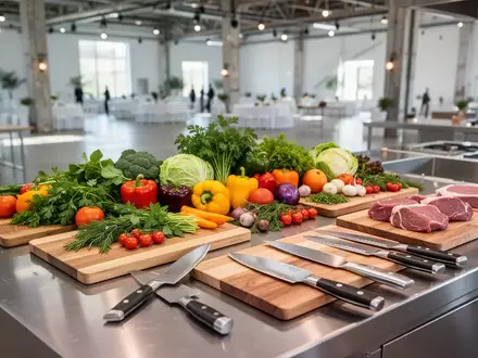 Frische Zutaten und Kochutensilien auf einer professionellen Edelstahl-Küchenzeile in einer hellen Veranstaltungshalle. - Foto: über boerse-global.de