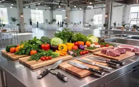 Frische Zutaten und Kochutensilien auf einer professionellen Edelstahl-Küchenzeile in einer hellen Veranstaltungshalle. - Foto: über boerse-global.de