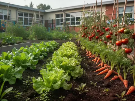 Ein üppiger Gemüsegarten in einem Schulgarten mit verschiedenen Nutzpflanzen in der Sonne. - Foto: über boerse-global.de
