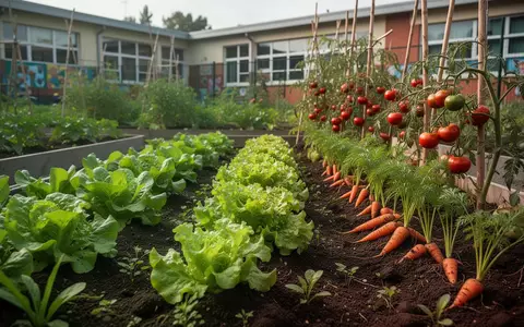 Ein üppiger Gemüsegarten in einem Schulgarten mit verschiedenen Nutzpflanzen in der Sonne. - Foto: über boerse-global.de