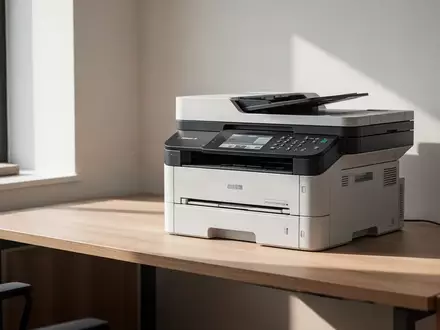 Ein moderner Laserdrucker auf einem aufgeräumten Bürotisch in einem hellen, professionellen Arbeitsumfeld. - Foto: über boerse-global.de