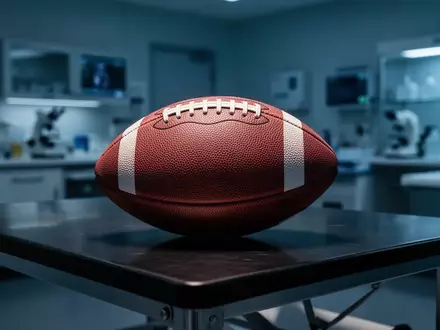 Ein American Football liegt auf einem dunklen Holztisch in einem medizinischen Labor. - Foto: über boerse-global.de
