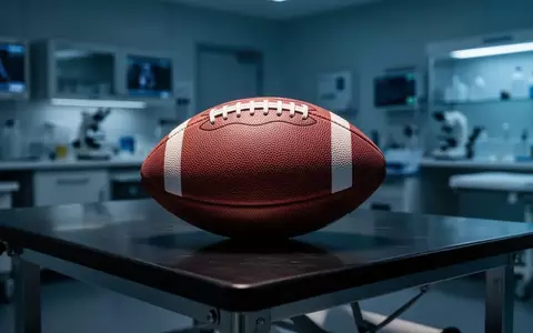 Ein American Football liegt auf einem dunklen Holztisch in einem medizinischen Labor. - Foto: über boerse-global.de