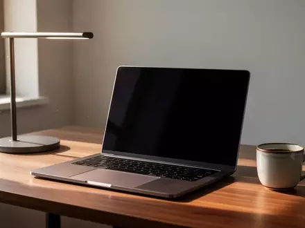 Ein moderner, aufgeräumter Arbeitsplatz mit einem Laptop, einer Schreibtischlampe und einer Kaffeetasse bei Tageslicht. - Foto: über boerse-global.de