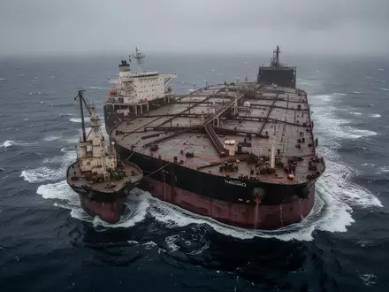 Ein großer Öltanker auf stürmischer See bei bewölktem Himmel. - Foto: über boerse-global.de