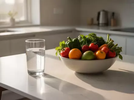 Ein minimalistisch gedeckter Küchentisch mit einem Glas Wasser und einer Schale mit frischem Gemüse im sanften Morgenlicht. - Foto: über boerse-global.de